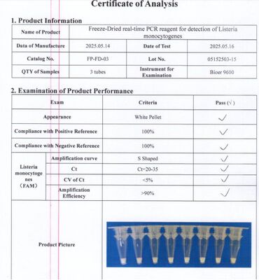 Vriesgedroogd real-time PCR-detectie-reagens voor zeer gevoelige detectie van Listeria monocytogenes zonder koude keten